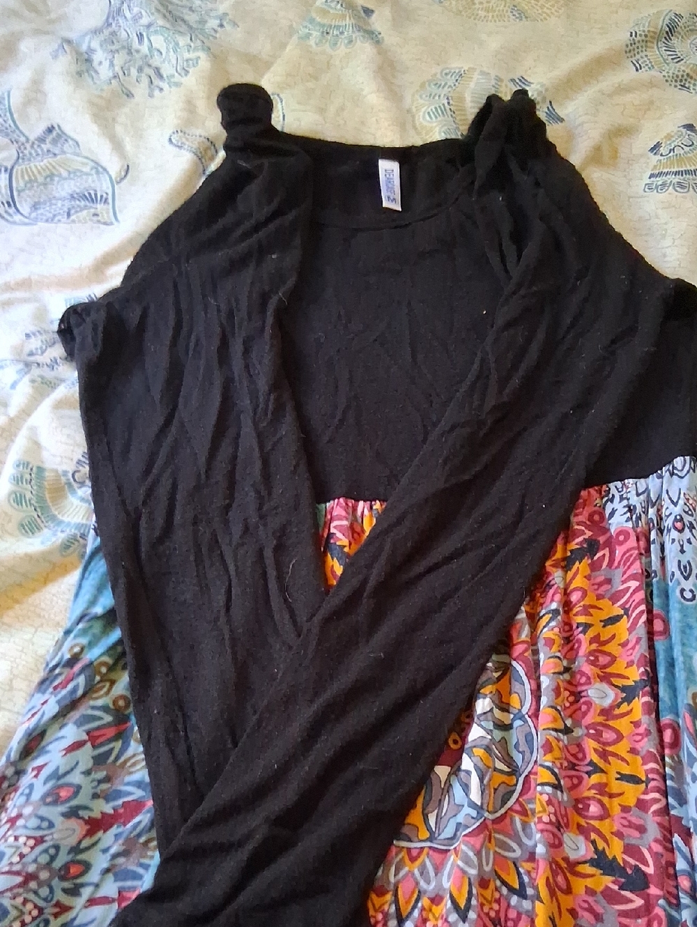 Black Bodice Maxi Dress with Blue Floral Medallion Skirt - Picture 7 of 8